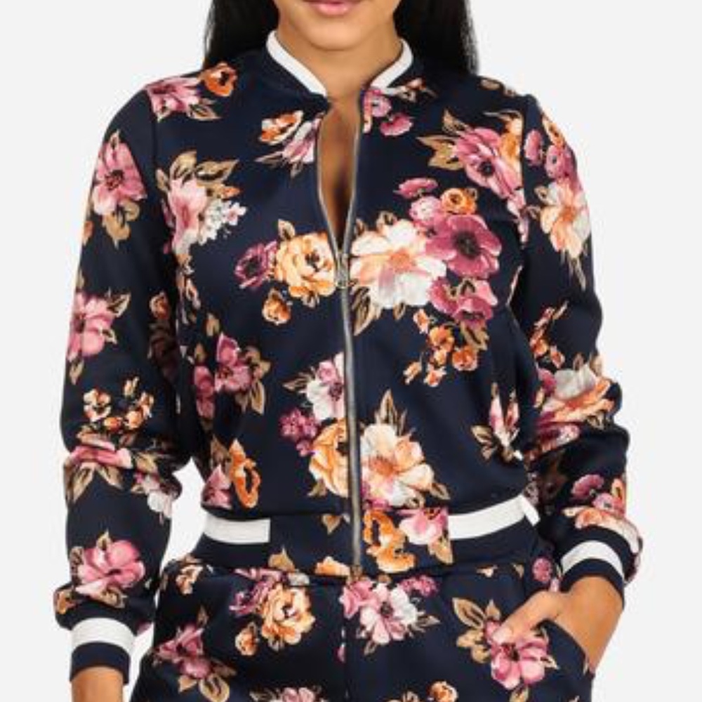 Available Navy Blue Floral Boomer Jacket